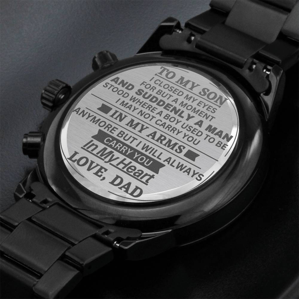 Son In My Heart, Engraved Black Stainless Steel Chronograph Watch, Gift Idea for Son from Dad