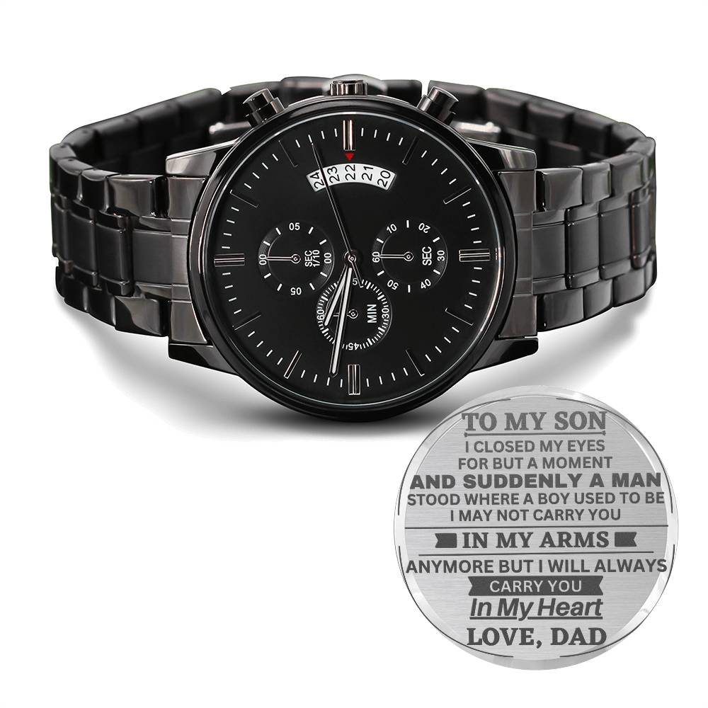 Son In My Heart, Engraved Black Stainless Steel Chronograph Watch, Gift Idea for Son from Dad
