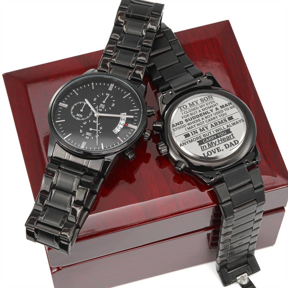 Son In My Heart, Engraved Black Stainless Steel Chronograph Watch, Gift Idea for Son from Dad