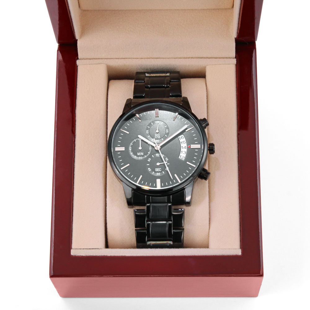 Son In My Heart, Engraved Black Stainless Steel Chronograph Watch, Gift Idea for Son from Dad