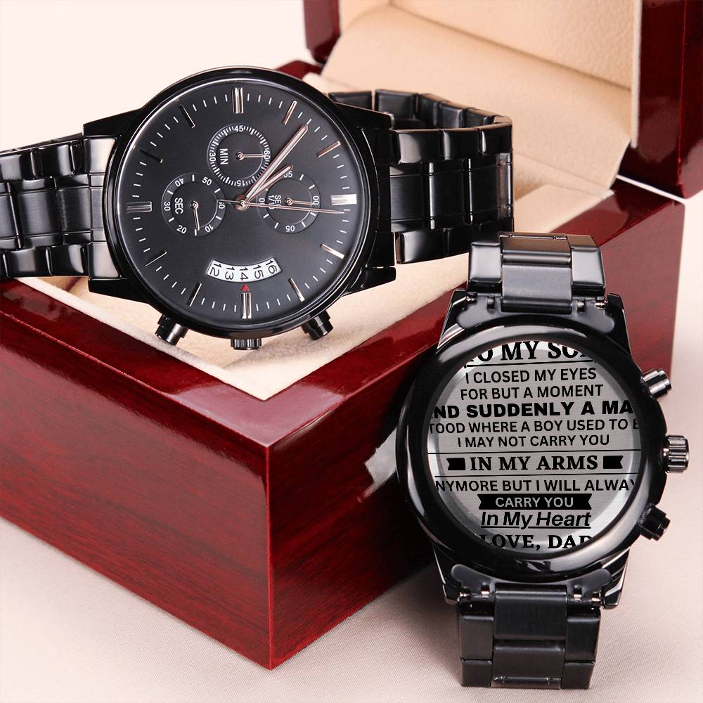 Son In My Heart, Engraved Black Stainless Steel Chronograph Watch, Gift Idea for Son from Dad