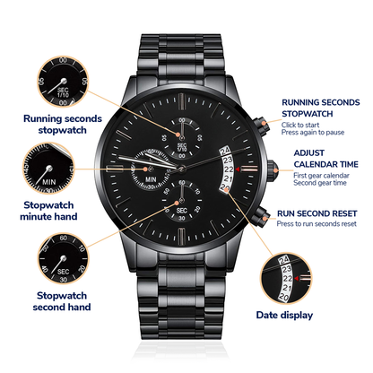 Son In My Heart, Engraved Black Stainless Steel Chronograph Watch, Gift Idea for Son from Dad