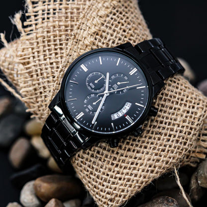 Son In My Heart, Engraved Black Stainless Steel Chronograph Watch, Gift Idea for Son from Dad