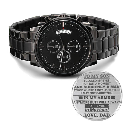 Son In My Heart, Engraved Black Stainless Steel Chronograph Watch, Gift Idea for Son from Dad