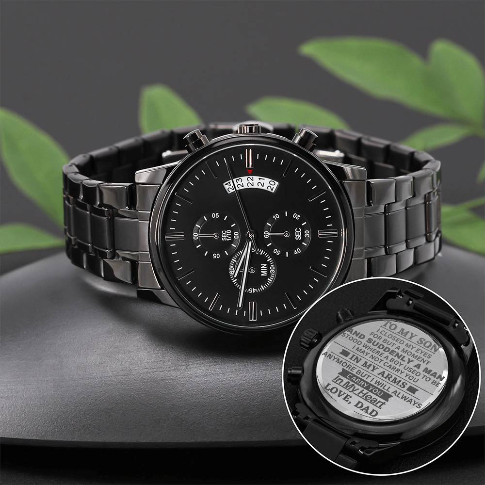 Son In My Heart, Engraved Black Stainless Steel Chronograph Watch, Gift Idea for Son from Dad