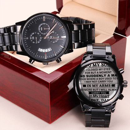 Son In My Heart, Engraved Black Stainless Steel Chronograph Watch, Gift Idea for Son from Dad